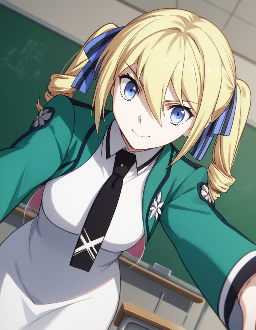 score_9, score_8_up, score_7_up, source_anime,
angelinakudoushields, <lora:angelina-kudou-shields-s2-ponyxl-lora-nochekaiser:1>,
angelina kudou shields, blue eyes, blonde hair, ribbon, hair between eyes, twintails, hair ribbon, drill hair, blue ribbon, twin drills,
long sleeves, dress, school uniform, pantyhose, necktie, white dress, black necktie,
indoors, classroom, bent over, smile,
solo, dutch angle, looking at viewer, cowboy shot,