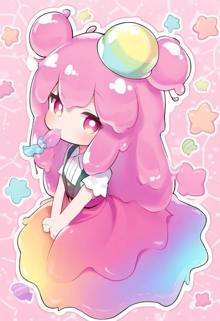 score_9, score_8_up, score_7_up, best quality, fine detail, cute, chibi slime girl with tiny marshmallows, candy pieces, wearing a rainbow colored dress, gummy worm hair, detailed candy background