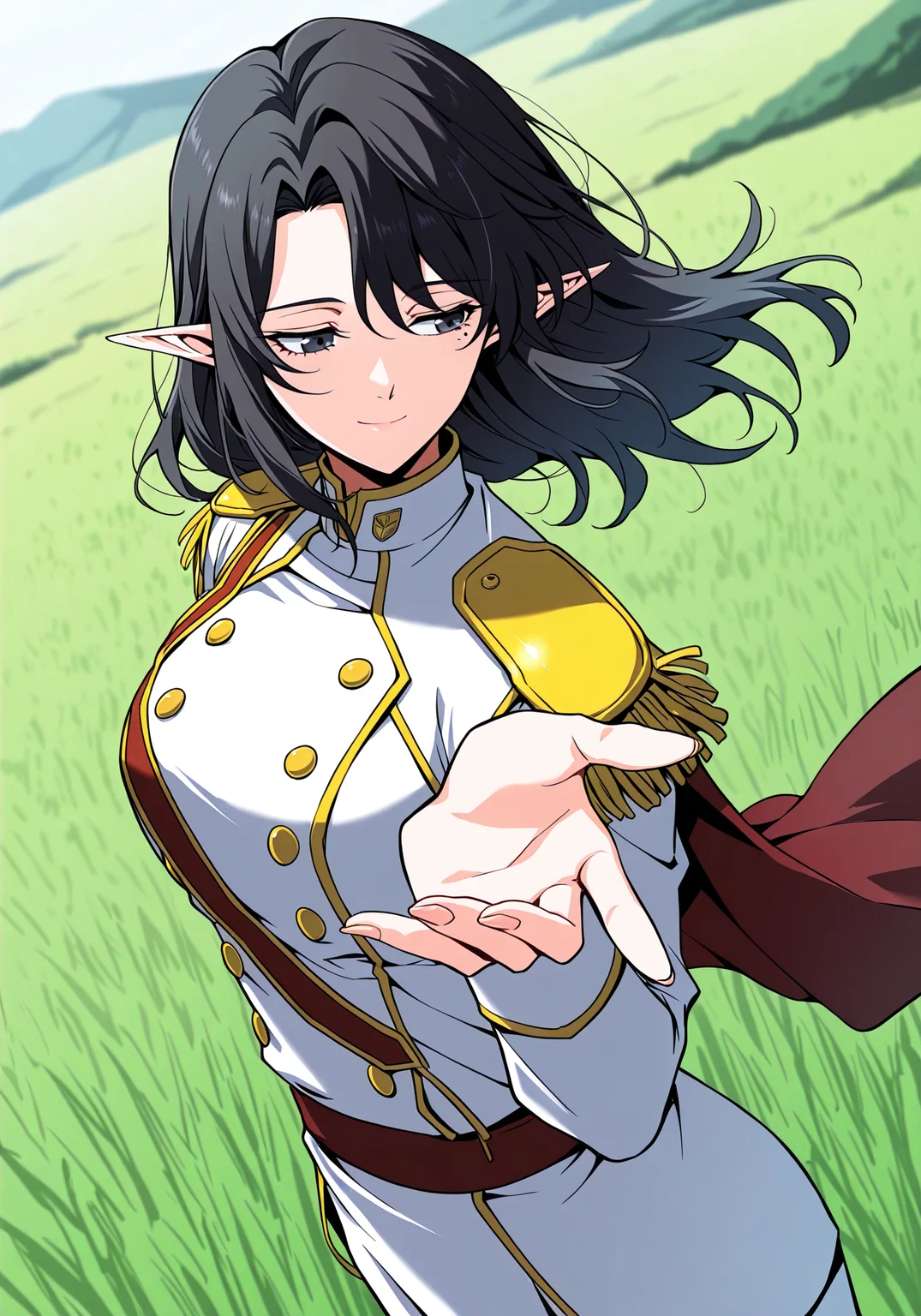 <lora:Aya_Grephin__The_Beginning_After_the_End__Illustrious:1>
1 girl, solo, female elf, medium length black hair, pointed ears, mole under left eye, black eyes,
white military uniform with gold trim, gold shoulder pads, red sash, high collar, double-breasted buttons, golden epaulettes, detailed uniform folds, white pants,
score_9, score_8_up, score_7_up, very aesthetic, source_anime, detailed, high quality, beautiful, masterpiece, detailed eyes, field, blurry background, pose dynamic angle, upper body, cowboy shot, light smile, looking back, reaching out, floating hair