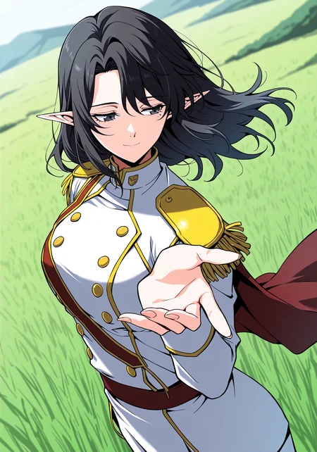 <lora:Aya_Grephin__The_Beginning_After_the_End__Illustrious:1>
1 girl, solo, female elf, medium length black hair, pointed ears, mole under left eye, black eyes,
white military uniform with gold trim, gold shoulder pads, red sash, high collar, double-breasted buttons, golden epaulettes, detailed uniform folds, white pants,
score_9, score_8_up, score_7_up, very aesthetic, source_anime, detailed, high quality, beautiful, masterpiece, detailed eyes, field, blurry background, pose dynamic angle, upper body, cowboy shot, light smile, looking back, reaching out, floating hair