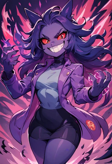 score_9, score_8_up, score_8, medium breasts, (curvy), cute, eyelashes,
gengar, 1girl, long hair, purple jacket, black eyes, claws, energy, evil grin, evil smile, floating, grin, looking at viewer, red sclera, smile, solo, teeth, v-shaped eyebrows,
cowboy shot,