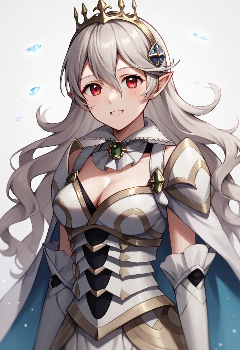 score_9,score_8_up,score_7_up,<lora:fire_emblem_all_v1:1>,1girl, blue_trim, brooch, cleavage, commentary_request, corrin_\(female\)_\(fire_emblem\), corrin_\(female\)_\(silent_bloodline\)_\(fire_emblem\), corrin_\(fire_emblem\), crown, dragonstone, gauntlets, gold_trim, grey_hair, highres, long_hair, looking_at_viewer, medium_breasts, official_alternate_costume, pointy_ears, red_eyes, smile, solo, upper_body, white_cape