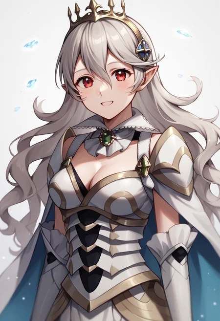 score_9,score_8_up,score_7_up,<lora:fire_emblem_all_v1:1>,1girl, blue_trim, brooch, cleavage, commentary_request, corrin_\(female\)_\(fire_emblem\), corrin_\(female\)_\(silent_bloodline\)_\(fire_emblem\), corrin_\(fire_emblem\), crown, dragonstone, gauntlets, gold_trim, grey_hair, highres, long_hair, looking_at_viewer, medium_breasts, official_alternate_costume, pointy_ears, red_eyes, smile, solo, upper_body, white_cape