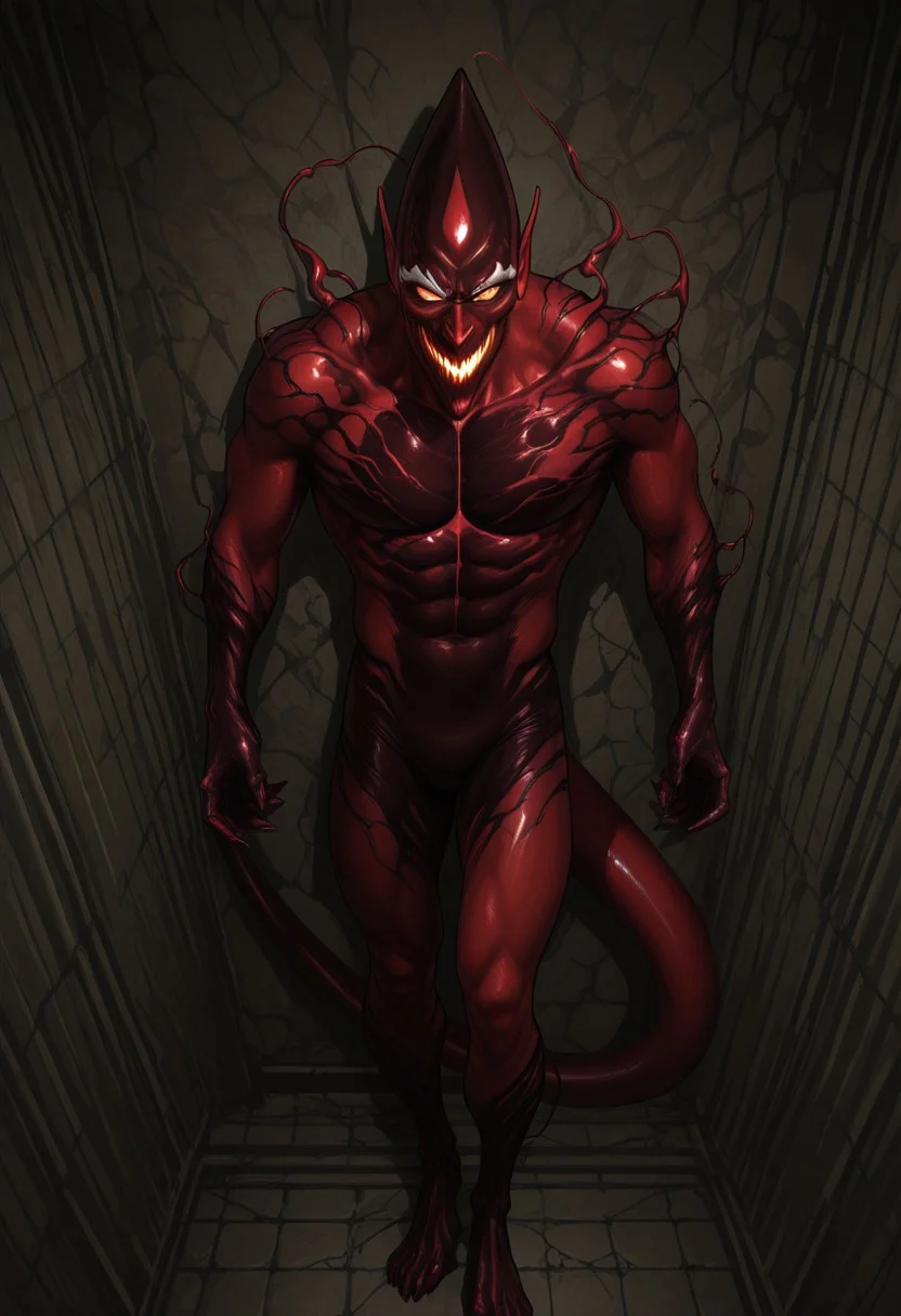 smooth, anime, Smooth Quality, indoors, bright, solo, 1boy, full body, standing, against the wall, perfect anatomy, masterpiece, high quality, best quality, highres, aesthetic, athletic, red_goblin, red_symbiote, demon tail, huge tail, white eyebrows, two toned skin, red and black skin, pointy head, pointy nose, big ears, sharp teeth, glowing mouth, yellow eyes, no pupil, glowing eyes,
