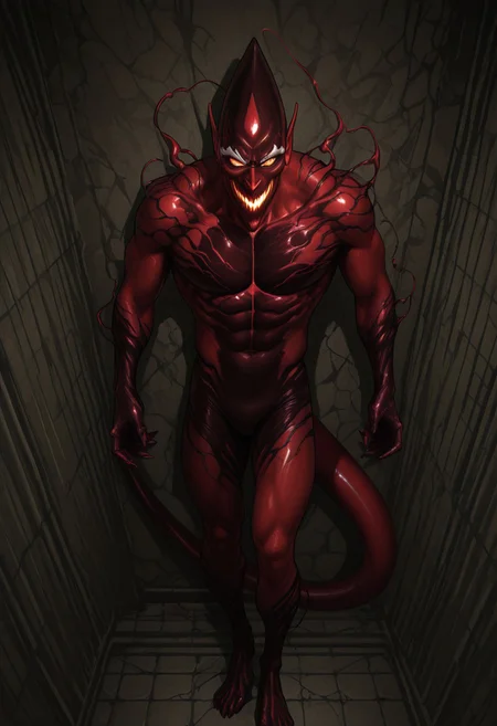 smooth, anime, Smooth Quality, indoors, bright, solo, 1boy, full body, standing, against the wall, perfect anatomy, masterpiece, high quality, best quality, highres, aesthetic, athletic, red_goblin, red_symbiote, demon tail, huge tail, white eyebrows, two toned skin, red and black skin, pointy head, pointy nose, big ears, sharp teeth, glowing mouth, yellow eyes, no pupil, glowing eyes,