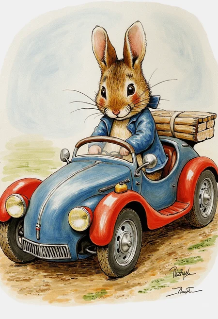 By artist Beatrix Potter, a futuristic car