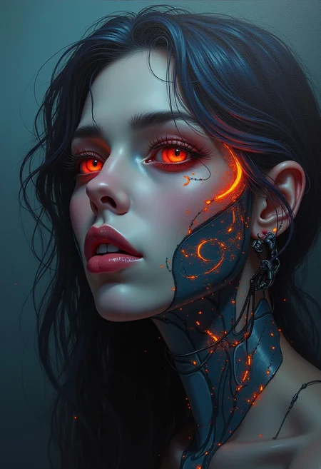 FFAOR, w4rh4mm3r style oil painting, grimdark, portrait of a cyborg woman, beautiful but terrifying, cybernetic, glowing runes