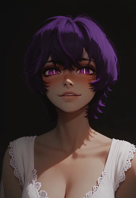 score_9, score_8_up, score_8. score_9, score_8_up, score_7_up, score_6_up, masterpiece, 4k, high quality, (best quality:1.1), ExpressiveH,(close up)
1girl, KJOabiko, purple hair, purple eyes, slit pupils, short hair, medium breasts, blushing, looking at viewer, seductive smile, g0dd3ss, white dress, cleavage
black background