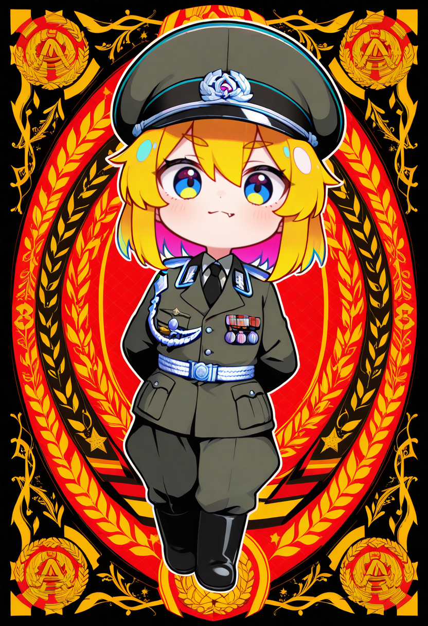 masterpiece, best quality, Graphic Design, color art, vibrant colors, colorful, intricate details, high contrast, detailed background, beautiful detailed, beautiful face, detailed eyes, detailed face, new, newest, 1girl, solo, nv4, hat, uniform, military uniform, gloves, military, military hat, medal, peaked cap, necktie, aiguillette, chibi, shortstock, big head, small body, fang, fullbody shot, pants, black boots, dutch angle, arms behind back,