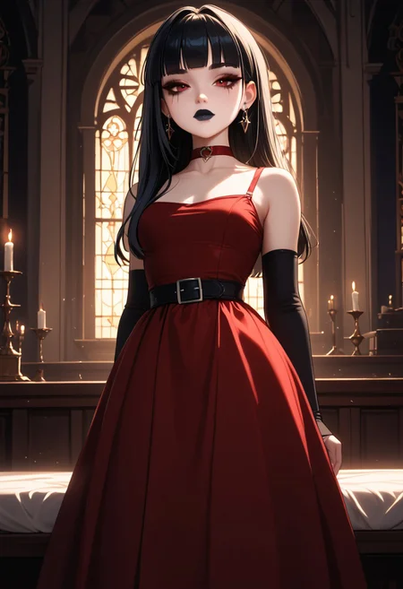 (masterpiece), 8k, best quality, ultra-detailed, (high res), cinematic lighting, beautiful lighting, high quality, studio quality, detailed, insanely detailed, extreme detail, refined detail, perfect detail, max detail, smooth lighting, detailed background, hyper detailed body, beautiful lighting, vibrant lighting, global illumination, absurdres, high-res, dynamic lighting, score_9, score_8_up, score_7_up, score_6_up, score_5_up, score_4_up, ponypositive, 1girl, solo, solo focus, (narrow waist, skinny, small body, slim), looking at viewer, (3/4 view), indoors, (Gothic Castle), bright lighting, daylight, sunshine, cute, kawaii, gleaming eyes, (closed mouth), no expression, legs spread, big eyes, (standing), alone, Expressiveh, (hands by sides), (rating_safe, sfw), cgi, (dark red dress, black dress accents), goth, blunt bangs, (dark red elbow gloves), long hair, red eyes, makeup, (black leather boots), black stockings, (dark red choker), lips, total drama, Crimson_(Total_Drama), (pale white skin), black lips, lipstick, (black hair, white bangs, multi-colored hair, streaks), (long dress), (goth makeup), black belt, jewelry,