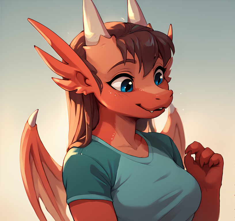score_9, score_8_up, javanshirt, female, blue eyes, red body, mythological creature, dragon, horns,   <lora:Pom:1>