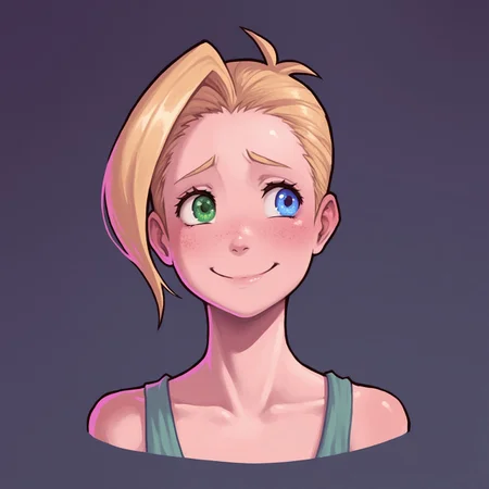 masterpiece, best quality, good anatomy, detailed face, detailed eyes, solo, 1girl, emma_hugaz, heterochromia, green left eye, blue right eye, blonde hair, simple background, character concept, clothed, portrait, sfw, smile, shy, face focus,