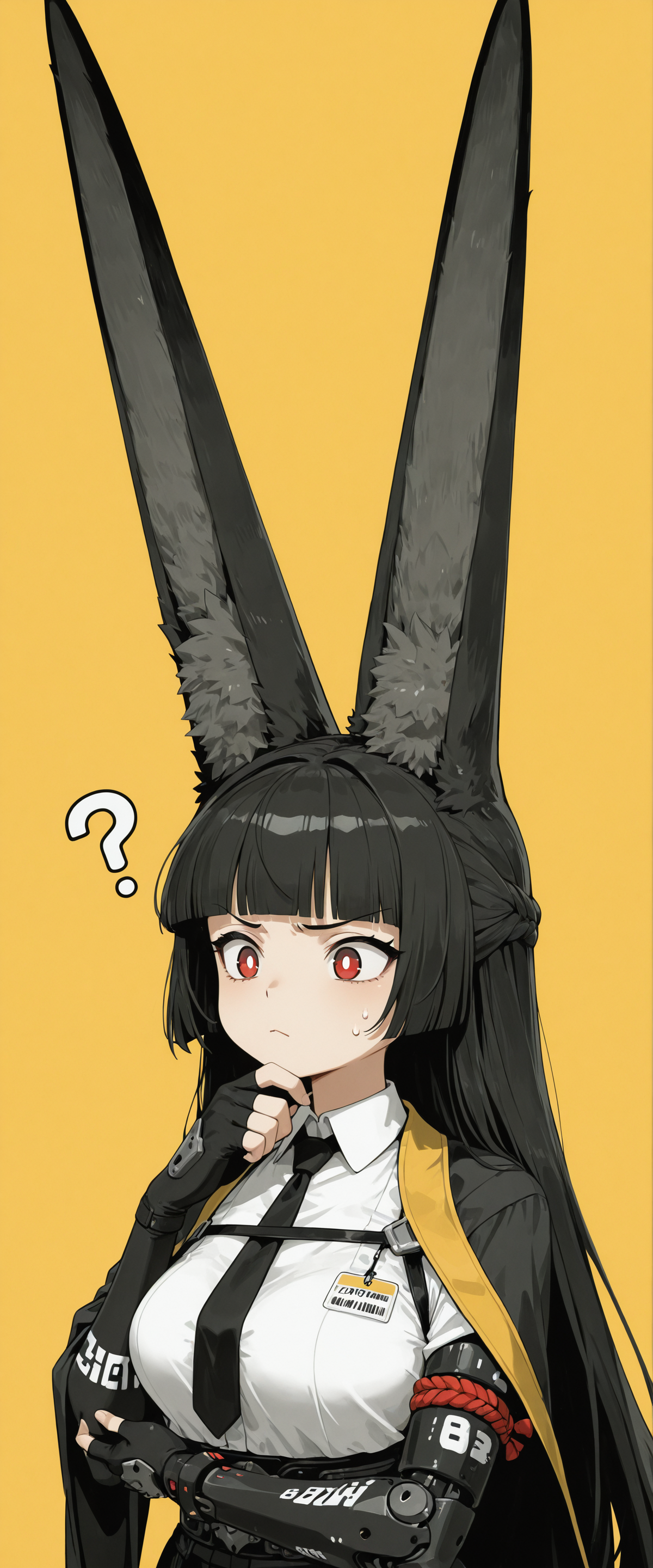 masterpiece,best quality,amazing quality,sharp details, vivid color, long ears,  fox ears, animal ear fluff, black fox ears, (((long ears, standing ears))), hand on own chin, 
miyabizzz, 1girl, fingerless gloves, black necktie, black gloves, medium breasts, white shirt, collared shirt, closed mouth, bright pupils, white pupils, two-tone background, yellow background, simple background, blunt bangs,mechanical arms, confused, furrowed brow, 
funny, thinking, close up, straight,  big eared miyabi \(meme\), three quarter view, 5 fingers, absurdres
 <lora:miyabi_zzz _ilxl_goofy:1>