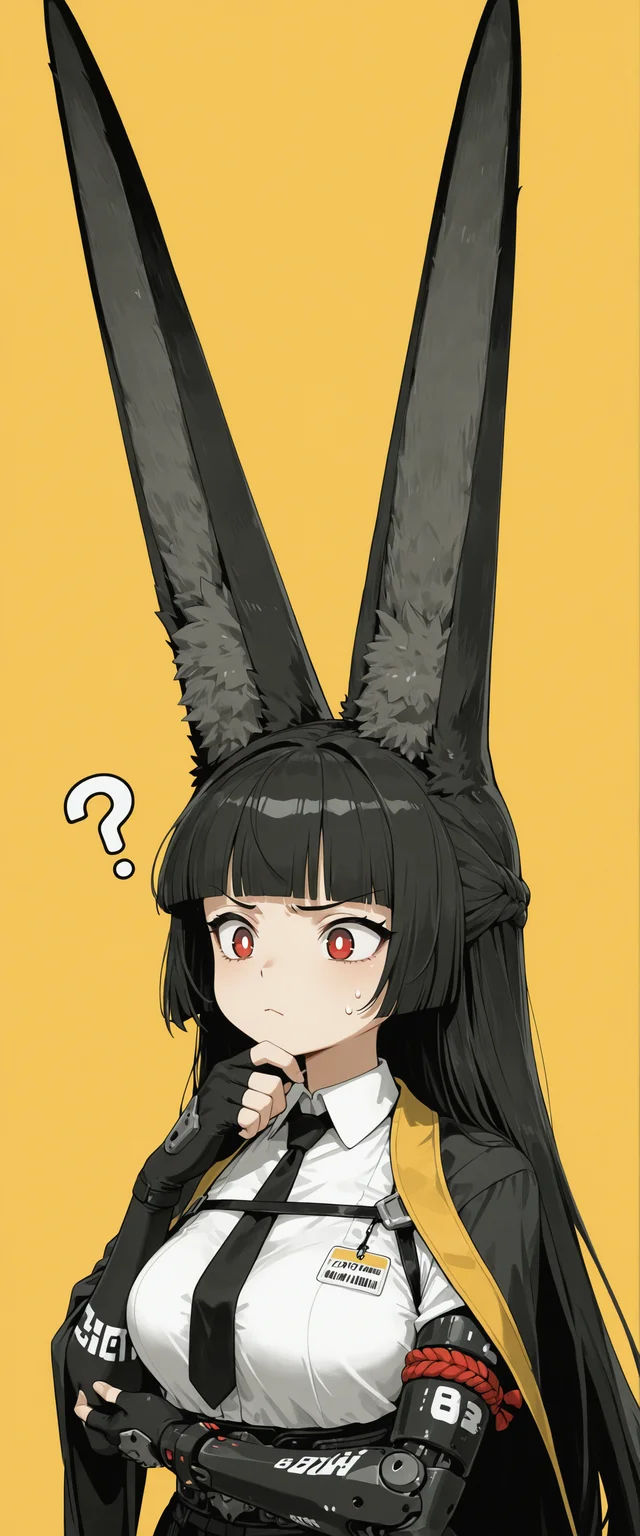 masterpiece,best quality,amazing quality,sharp details, vivid color, long ears,  fox ears, animal ear fluff, black fox ears, (((long ears, standing ears))), hand on own chin, 
miyabizzz, 1girl, fingerless gloves, black necktie, black gloves, medium breasts, white shirt, collared shirt, closed mouth, bright pupils, white pupils, two-tone background, yellow background, simple background, blunt bangs,mechanical arms, confused, furrowed brow, 
funny, thinking, close up, straight,  big eared miyabi \(meme\), three quarter view, 5 fingers, absurdres
 <lora:miyabi_zzz _ilxl_goofy:1>