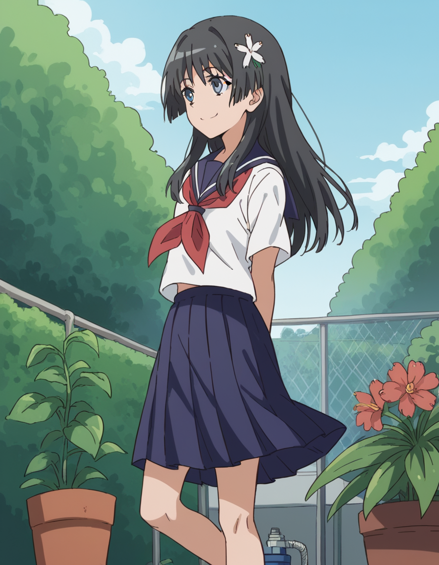 score_9, score_8_up, score_7_up, source_anime, <lora:saten-ruiko-s3-ponyxl-lora-nochekaiser:1>, saten ruiko, black hair, blue eyes, long hair, hair ornament, flower ornament,, blue skirt, pleated skirt, sakugawa school uniform, school uniform, serafuku, skirt, summer uniform,, gardening, watering plants, backyard, flowers blooming, sunny day,, smile, , foot crossed over, hand behind back, knee bent, solo,, cowboy shot, dutch angle