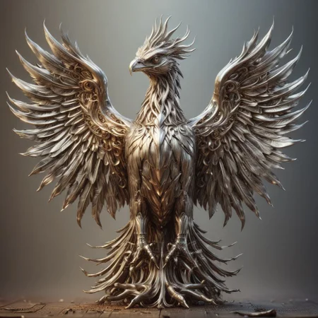 Steel/ral-polishedsteel Phoenix, Diamond Line, (Golden Beak: 1.1), Sharp Focus, Atmospheric Lighting, Highly Detailed, Overall Detail, Ornate, Macro, Shallow DOF, Atmospheric Dust,