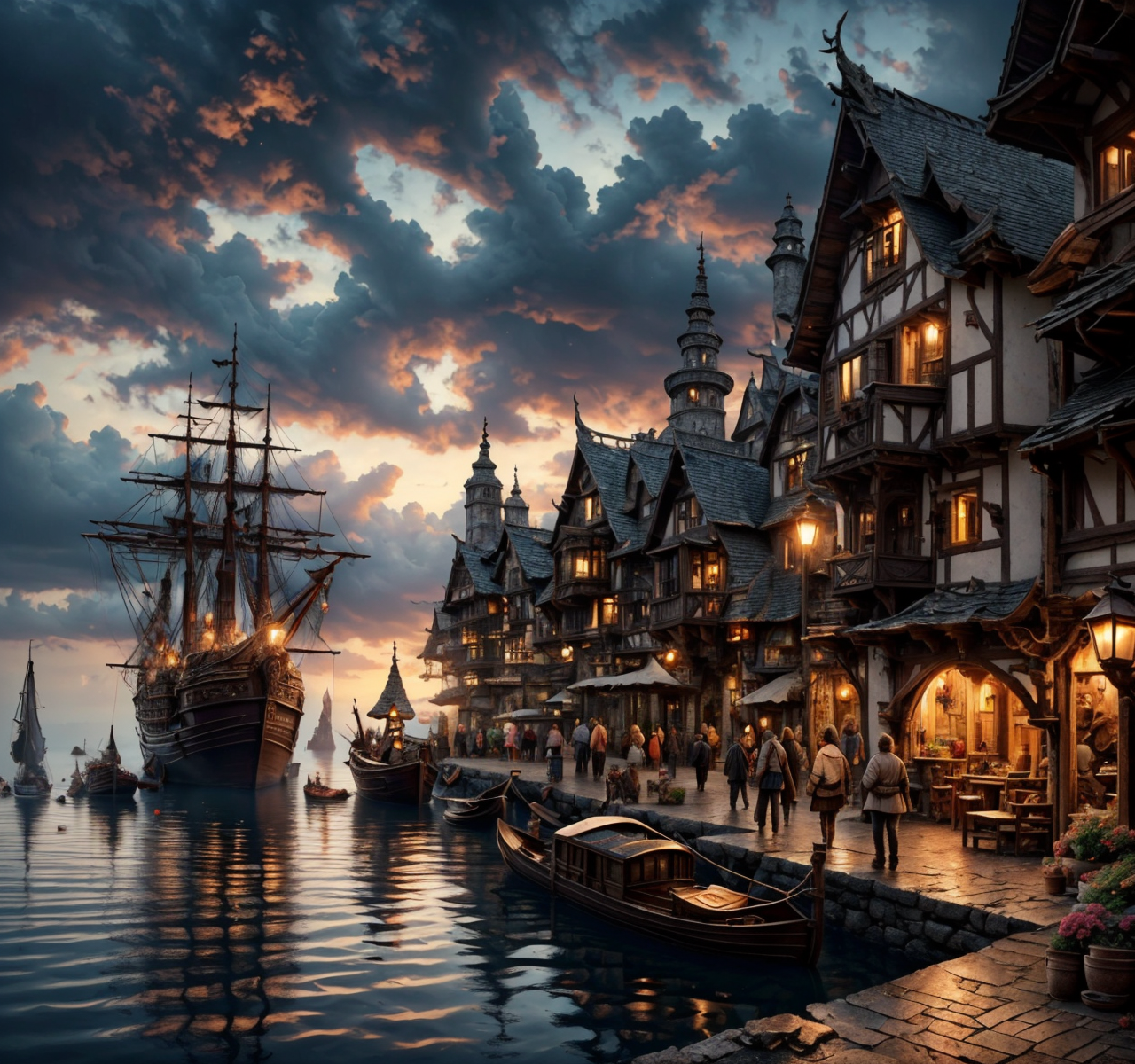 RAW photo, (masterpiece:1.3), subsurface scattering, heavy shadow, (high quality:1.4), (intricate, high detail:1.2), professional photography, HDR, High Dynamic Range, realistic, ultra realistic, photorealistic, high resolution, film photography, ambient lighting, atmospheric effects, <lora:detail_slider_v4:2>, OverallDetail,  <lora:HarborAndDocks:1>, a group of smugglers on a pier, night, dark clouds, water hado, houses, boat