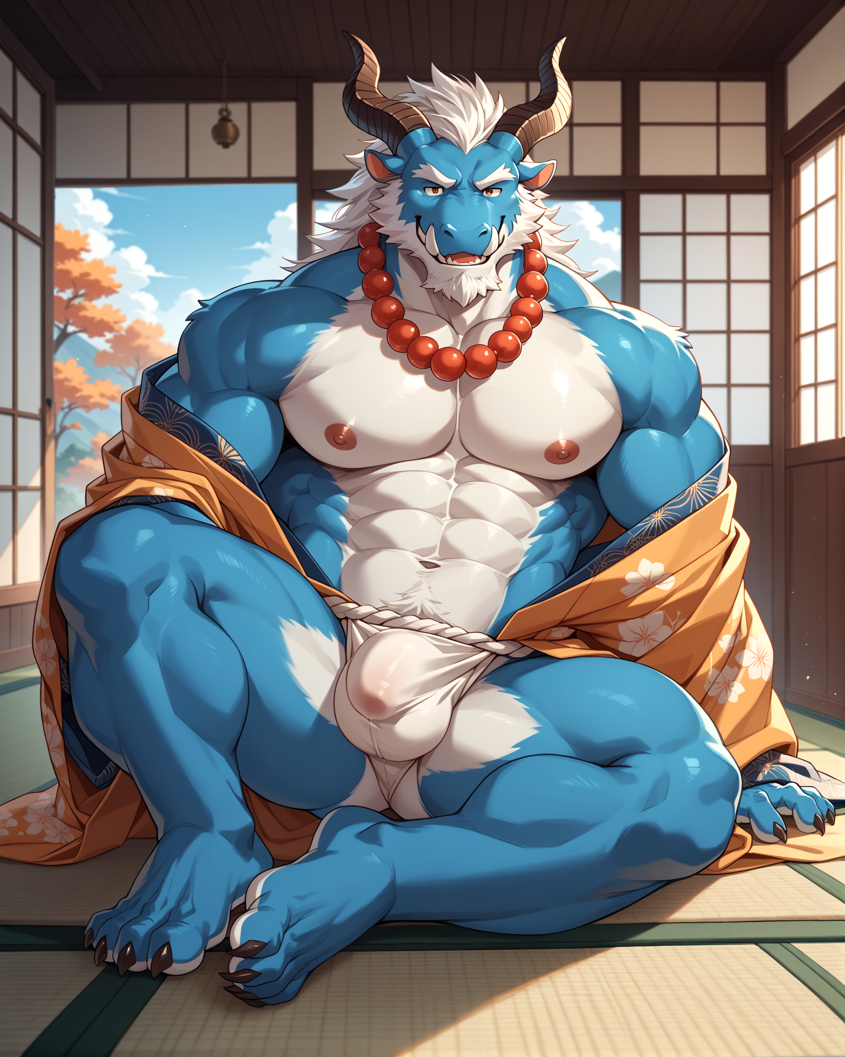 score_9,score_8_up,score_7_up,score_6_up,furry,kemono,high quality,tail,rating_explicit,embedding:zPDXL3 BREAK male furry,(bara),huge plump Chest Muscles,perfect anatomy,
( half naked,Fundoshi,Show one shoulder ),Tatami,sit on mat,feet spread,Japanese style room,full body,jewelry,Cloud dragon pattern japanese clothes,large pectorals,smile,nipples,beard,mature male,furry male,facial hair,bare pectorals,white hair,furry,kimono,Buddha bead necklace,open kimono,tail,beads,dragon horns,stomach,monster boy,open clothes,abs,tusks,colored skin,navel,(crotch bulge),Landscape background,