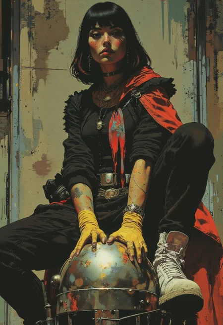 A hyper-detailed, full-body digital illustration in Cucoloris style featuring a 25-year-old woman with a masculine jawline, sitting on a chrome silver knight's Great Helm with realistic metallic texture. Her black hair is styled in a French bob with bangs, framing her face. She has bold black and blue eyelines, long eyelashes, black eyes, and wears a nose ring with glossy red lips. Dressed in oversized, edgy avant-garde clothing by designer Iris van Herpen, she wears a flowing black tunic with dramatic frills at the sleeves and hem, layered with a structured black vest. A vibrant scarf tied around her waist adds an eye-catching pop of color, complemented by yellow fingerless gloves that showcase her manicured nails. She completes the look with oversized white sneaker boots featuring chunky soles and unique cutouts. The pose is a realistic yet aesthetic sitting position, her body weight subtly balanced on the helm. Captured with a Canon EOS R5 using a 50mm f/1.2 lens, the shot is framed in a full-body portrait style. The Cucoloris lighting effect creates intricate, dappled shadows across her figure and the metallic surface of the helm, giving depth and dimension to the scene, inspired by urban futurism and contemporary fashion themes.