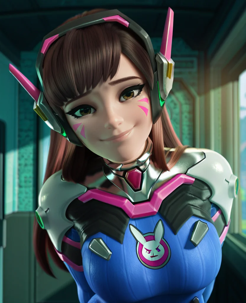 masterpiece, best quality, amazing quality, highres, absurdres, intricate detail, 3d, realistic, very aesthetic, scenery, cinematic, <lora:Overwatch_Cinematic_ILLUS_4_LAST-000008:1> , 1girl, portrait, smile, looking at viewer, d.va \(overwatch\), facial mark, upper body, arms behind back, leaning to the side,