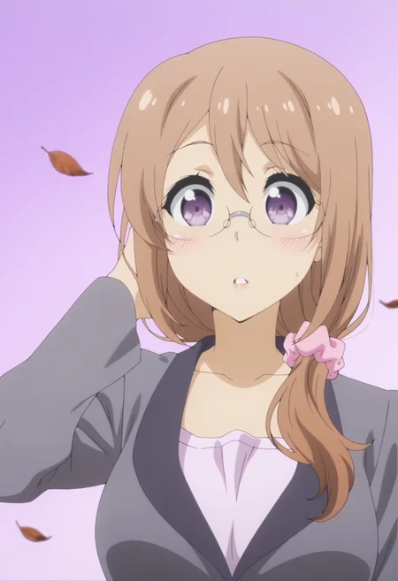 anime screencap, anime coloring,  <lora:DX888Yui:1> saitou yui, purple eyes, brown hair, long hair, hair over shoulder BREAK teacher, glasses, hair scrunchie, suit, grey pants, BREAK simple background, purple background,  marble background, BREAK    1girl, blush, falling leaves, hand in own hair, leaf, parted lips, solo, upper body, wide-eyed, wind, floating hair,