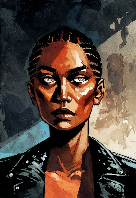 score_9, score_8_up, score_7_up, score_6_up, 1girl, watercolor painting, cowboy shot, (african), woman, (dark-skinned female), cornrows, leather jacket, surrounded by shadows, her eyes glowing red, background is a dark room, twisted shadows, sinister look on face, eye contact,
expressive,
black linework, black hair, fflix-shadows, silhouette