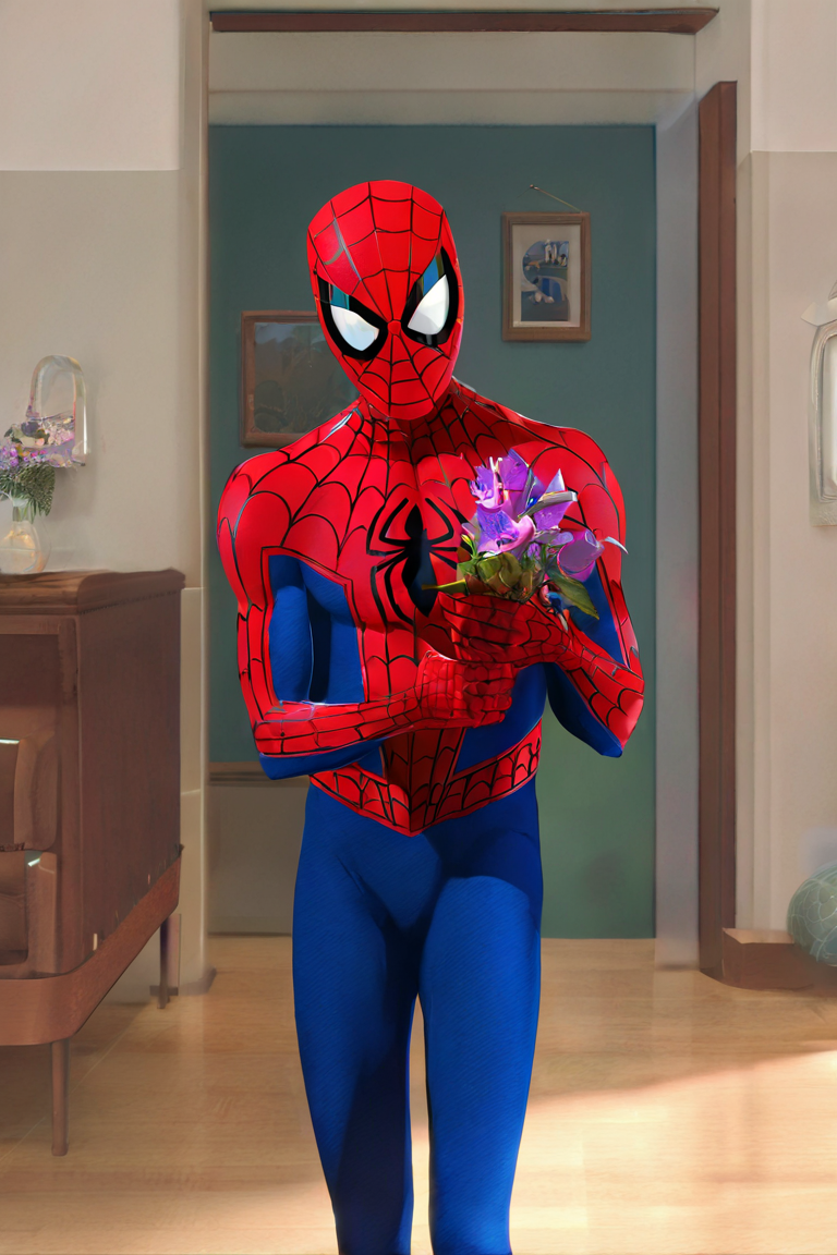 masterpiece, best quality, highres, newest, spider-man, 1boy, solo, male focus, mask, covered eyes, no pupils, print bodysuit, spider web print, spider print, red bodysuit, blue bodysuit, two-tone bodysuit, looking at viewer, standing, upper body, holding flower, holding bouquet, indoors, living room <lora:Spider-Man (Peter B. Parker) v1.1 Updated [LoRA] - NoobAI-XL EPS 1.0:0.8>