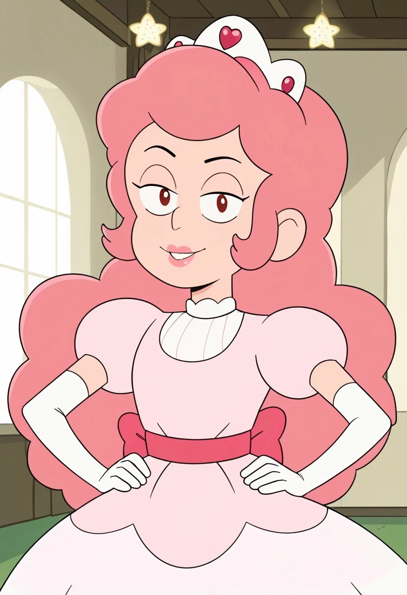 score_9, 1girl, Solo, Eliza_CotC, light pink skin, dark red eyes, black eyebrows, light pink hair, curly long hair, white tiara, light pink dress, white skirt, hot pink bow, hot pink boots, long white opera gloves, looking at viewer, smile, half-closed eyes, cowboy shot, indoors, hands on hips, retro artstyle, short stature