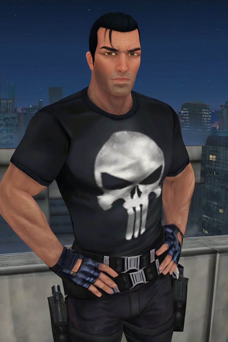 masterpiece, best quality, highres, newest, 3d, realistic, frankcastle, 1boy, solo, male focus, mature male, short hair, black hair, hair slicked back, brown eyes, thick eyebrows, facial hair, stubble, looking at viewer, muscular male, black shirt, t-shirt, short sleeves, skull print, black pants, belt, holster, black gloves, fingerless gloves, hands on own hips, standing, cowboy shot, outdoors, on roof, rooftop, city, night, night sky <lora:Frank Castle - The Punisher (2005) from Video Game v1.0 BETA [LoRA] - NoobAI-XL EPS 1.0:0.8>