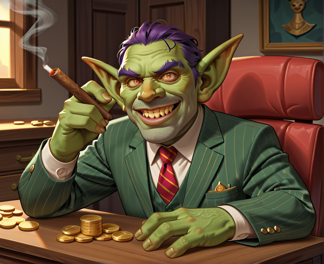 score_9_up,score_8_up,score_7_up,score_6_up,score_5_up,score_4_up, masterpiece, high quality, digital painting,  source_anime, BREAK,
sitting, upper body, behind desk, large desk, gangster, (pin stripes), ((pin stripe suit)), green suit,  purple stripes, ((ugly suit)), oversized suit, gems, jewels, gold, coins, (large cigar), smoking, inspecting jewelry, ((sleezy)), smug, (crazy smile), crazy eyes, teeth, golden tooth, 
Goblin, (short), ((small)), male, (green skin), large ears, large nose, ((detailed eyes)), 
<lora:Goblins for PonyXL:0.7>
