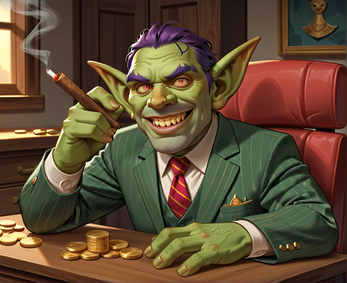 score_9_up,score_8_up,score_7_up,score_6_up,score_5_up,score_4_up, masterpiece, high quality, digital painting, source_anime, BREAK,
sitting, upper body, behind desk, large desk, gangster, (pin stripes), ((pin stripe suit)), green suit, purple stripes, ((ugly suit)), oversized suit, gems, jewels, gold, coins, (large cigar), smoking, inspecting jewelry, ((sleezy)), smug, (crazy smile), crazy eyes, teeth, golden tooth,
Goblin, (short), ((small)), male, (green skin), large ears, large nose, ((detailed eyes)),
<lora:Goblins for PonyXL:0.7>