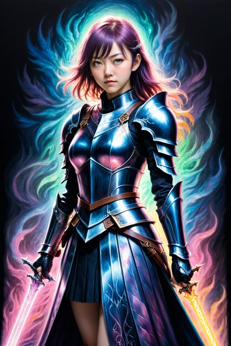 by Range Murata and Dorrie Mcveigh in the style of Ayumi Tanaka , ensorcelled occult radiant knight , oil pastel<lora:oil_pastel:1.00> , full body length, cinematic <lora:more_art:0.30><lora:clothing_slider:2.00><lora:great_lighting:1.30><lora:aesthetic:1.15><lora:photorealistic_portrait:1.25><lora:RMSDXL_Enhance:0.45><lora:RMSDXL_Creative:0.35><lora:RMSDXL_Photo:0.45><lora:RMSDXL_Darkness_Cinema:0.50><lora:XDetail_heavy:0.45><lora:perfect_eyes:0.15><lora:perfect_hands:0.15><lora:midjourney:-0.15><lora:looking_at_viewer:0.75><lora:dpo:0.25>