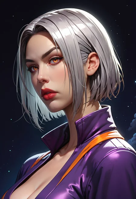 <lora:g0th1cPXL:0.5>g0th1c<lora:TradingCardsPonyXL:0.65>dsktrdcardxl,score_9, score_8_up, score_7_up, score_6_up, solo, source_comic, comic book art, fantasy art, Lenticular, dark and dim, Low Angle, (side view perspective), a woman, (ninja:1.1) woman, with black ,silver hair, deep metal ,orange eyes, detailed eyes, with a high collar cyber (Samurai:1.1) jacket, Large linen cape ,super detailed, background is gray , surrounded by a detailed spacescape with translucent dark-amber Highlights, stunning lighting, detailed, highly vibrant, detailed, masterpiece, highly detailed, high quality, score_5_up, score_4_up,