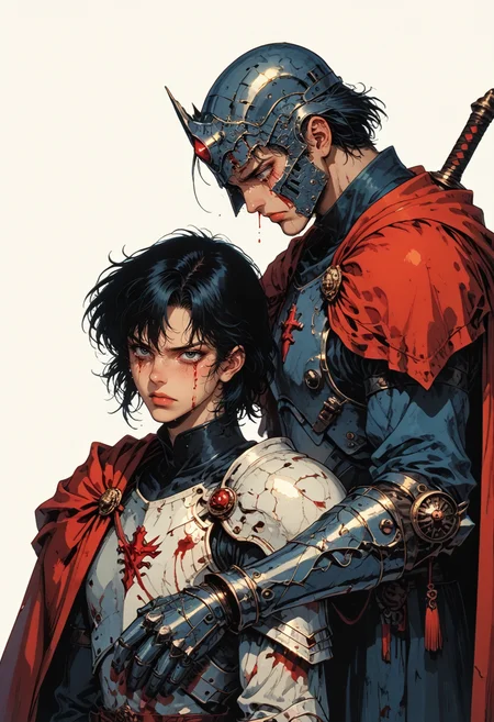 score_9, score_8_up, score_7_up, 1boy, side view, 1girl, holding, ribcage, crying, tears, princess, hair ornament, simple background, white background, monochrome, cowboy shot, red cape, spot color, weapon, greyscale, sword, holding weapon, armor, holding sword, border, helmet, shoulder armor, gauntlets, blood, pauldrons, breastplate, full armor, ambiguous gender, flat, retro, dated, f3nn3r, dark theme, gloomy, <lora:sdxl_lightning_8step_lora:1> <lora:Art_Adams_Style_Pony_XL:0.4> <lora:Dark_Anime:0.2> <lora:glowneon_xl_v1:0.4> <lora:nostalgia-000011:0.4>   <lora:Sinozick2:0.4>   <lora:f3nn3rXLP:0.7>