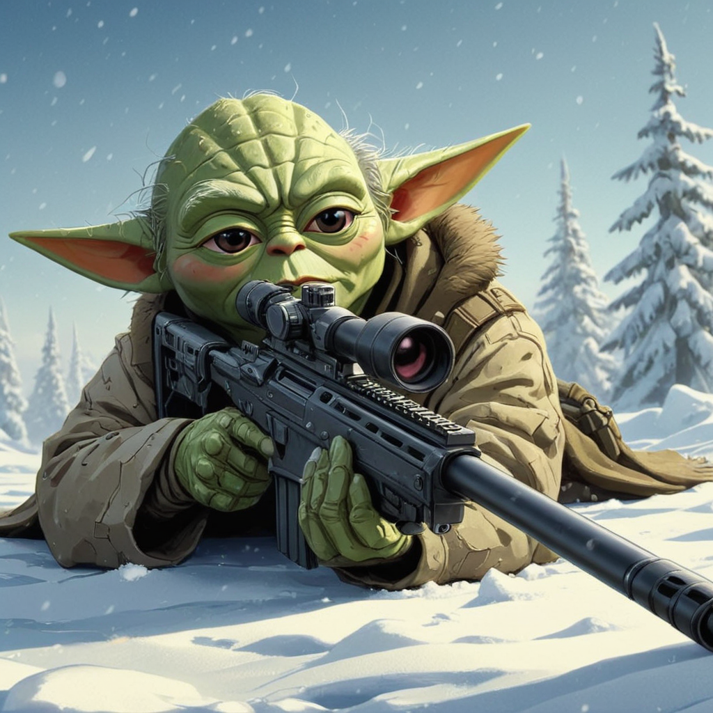 cartoon illustration of Yoda laying down in snow holding Sniper Rifle, Soviet Army uniform,fur Soviet hat, <lora:XL_Weapon_Sniper_Rifle_-_By_HailoKnight:0.7>,