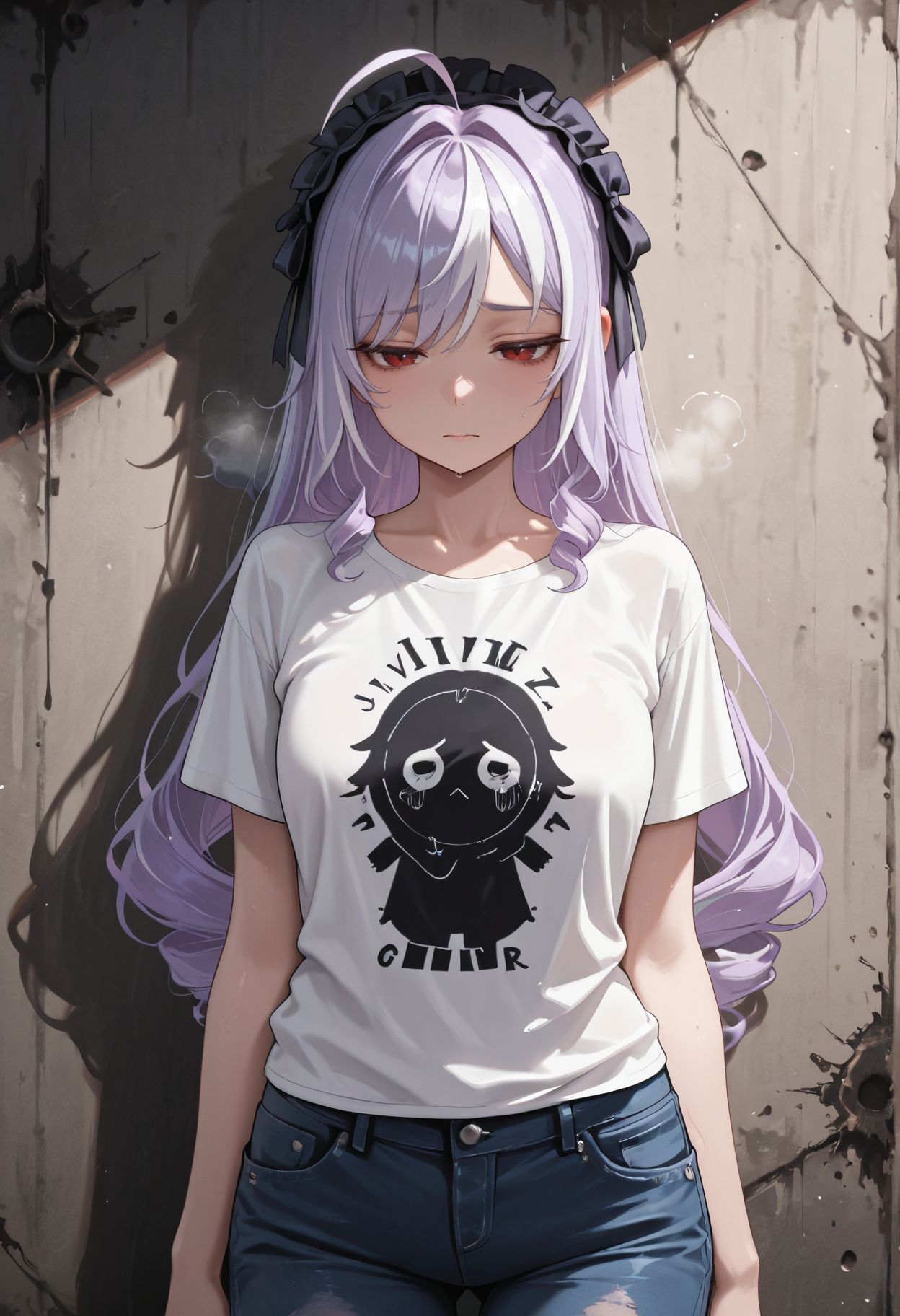 masterpiece,best quality,amazing quality, absurdres, <lora:vivian_zzz_ilxl_goofy:1> vivianZzz,red eyes,ahoge,streaked hair,black hairband,frilled hairband,  hair bow, exhausted ,T-Shirt, Jeans, Grunge Background, balancing