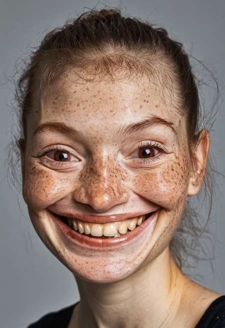 uglylora lady, (freckles), big smile, brown hazel eyes, Ponytail, dark makeup, hyperdetailed photography, soft light, head and shoulders portrait, cover