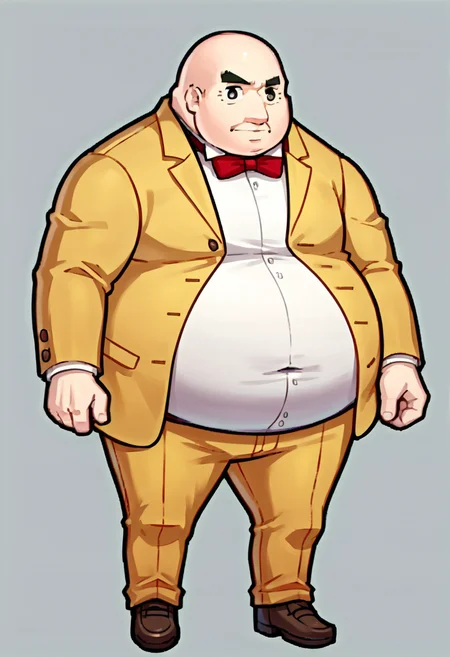 score_9, score_8_up, score_7_up, source_anime, BREAK, solo, 1boy, <lora:Feh-Sprites-pdxl_Fp:1>, simple background, chibi, full body, <lora:p5kobayakawa-pdxl-nvwls-v1:1>, p5principal, fat man, obese, bald, yellow jacket, yellow pants, formal, white shirt, red bow tie,