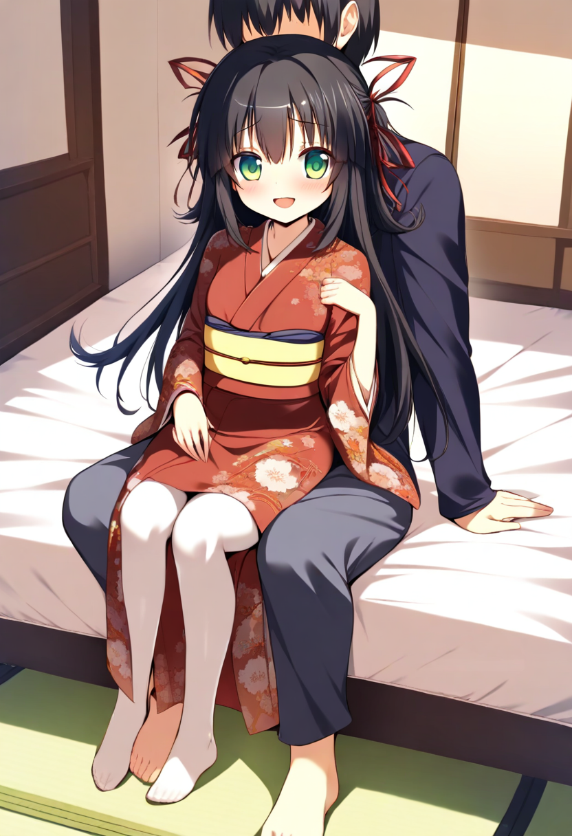 masterpiece,high score,great score,absurdres,<lora:Kiryuuin Rindou_ani4_xl_v1-000010:1>,
1girl,black hair,long hair,green eyes,hair ribbon,looking at viewer,red ribbon,blush,kiryuuin rindou,smile,open mouth,sitting,kimono,japanese clothes,white pantyhose,sitting on person,1boy,faceless,on bed,grabbing from behind,height difference,full body,barefoot,