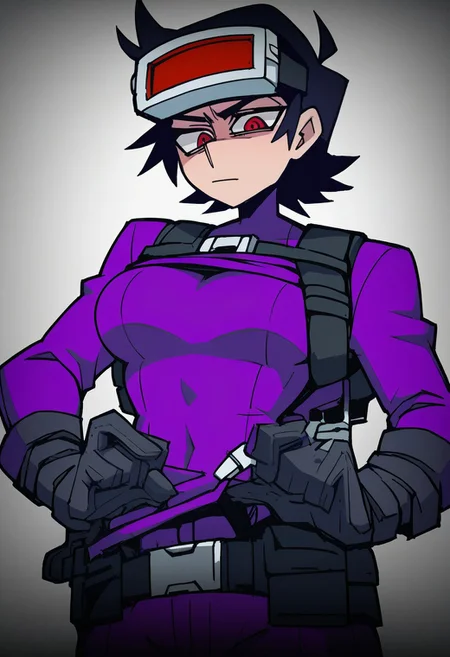 score_9, score_8_up, score_7_up, vanitaker, NikitaAwaria, tall, solo, short hair, breasts, gloves, looking at viewer, belt, short hair, welding mask, shirt lift, flashing breasts, toned body, light skin, red eyes, black hair, purple clothes, dark clothing, purple body suit,
