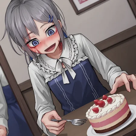 score_7_up, score_6_up, score_5_up, source_anime, anime coloring, anime screenshot,
<lora:sylvie.pony:1>, sylvie, happy, solo, 1girl,
white shirt, blue dress,
table, cake, holding fork, looking down,