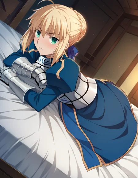 score_9, score_8_up, score_7_up, source_anime,
artoriapendragon, <lora:artoria-pendragon-hf-ponyxl-lora-nochekaiser:1>,
artoria pendragon, artoria pendragon \(fate\), saber, blonde hair, green eyes, ahoge, sidelocks,
hair bun, single hair bun, braid, dress, ribbon, hair ribbon, armor, gauntlets, armored dress,
indoors, bed, bed room, on side, blush, drunk,
looking at viewer, dutch angle,