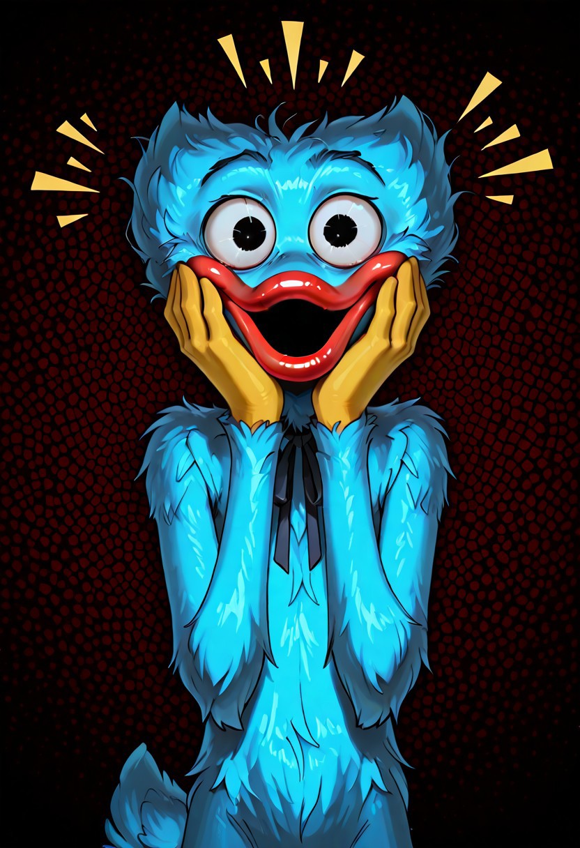 (huggy_wuggy:1.1), long limbs, blue body, 
masterpiece, absurdres, amazing quality, ultra-detailed, no humans, solo, black eyes, dilated pupils, wide eyed,
kaogei, parted lips, :o, shiny eyes, extra fluffy, fluffy body fur, (no ears:1.15), messy hair, thick fur, neck ribbon, skinny, lanky, yellow hands, red lips, o mouth, 
looking at viewer, upper body, hand on own cheek, hands on cheeks, emanata, abstract background, patterned background, perfect lighting, deer tail, blue tail, 
score_9, score_8_up, score_7_up, birdo mouth