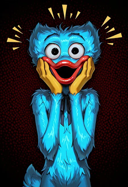 (huggy_wuggy:1.1), long limbs, blue body,
masterpiece, absurdres, amazing quality, ultra-detailed, no humans, solo, black eyes, dilated pupils, wide eyed,
kaogei, parted lips, :o, shiny eyes, extra fluffy, fluffy body fur, (no ears:1.15), messy hair, thick fur, neck ribbon, skinny, lanky, yellow hands, red lips, o mouth,
looking at viewer, upper body, hand on own cheek, hands on cheeks, emanata, abstract background, patterned background, perfect lighting, deer tail, blue tail,
score_9, score_8_up, score_7_up, birdo mouth
