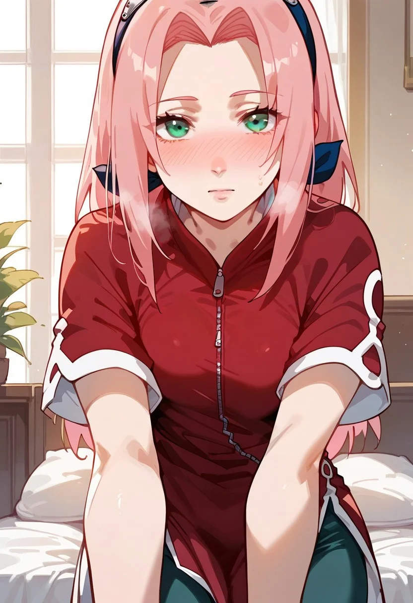 score_9, score_8_up, score_7_up,easynegative,Expressiveh,
1girl, front view, facing viewer, ((solo)),
haruno sakura, blushing, looking at viewer, pink hair, long hair, green eyes, small breasts, ((petite)), ((short girl)),
red shirt, red qipao, zipper, short sleeves, bike shorts,
blush,