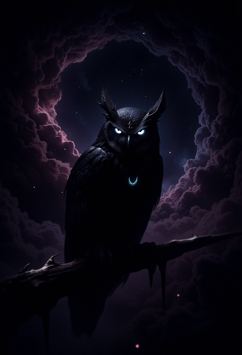 A dark owl with glowing, white-blue eyes perched against a black background. The owl's feathers are entirely deep black with a matte texture, reflecting no light. A small crescent moon symbol is visible on its forehead, glowing faintly with the same white-blue hue as its eyes. The owl is in a still, upright position, its sharp talons gripping an unseen perch in the darkness. A swirling nebula of dark purple and blue hues with distant stars scattered faintly in the background. The nebula appears like wisps of smoke, creating a sense of vast space and depth. Small glowing orbs of light, resembling distant planets or stars, add depth to the composition. The overall atmosphere is cosmic and mysterious, with a soft ethereal glow illuminating the surroundings.    <lora:FluxMythP0rtr4itStyle:0.53> MythP0rt, <lora:dark_fantasy_flux:0.83> <lora:FredFraiStyle-FLUX-Share:0.63> <lora:sxz-Dark-Fantasy-v2-Flux:0.33> drkfnts style, <lora:flux.1_lora_flyway_Epic-Characters_v1:0.43>