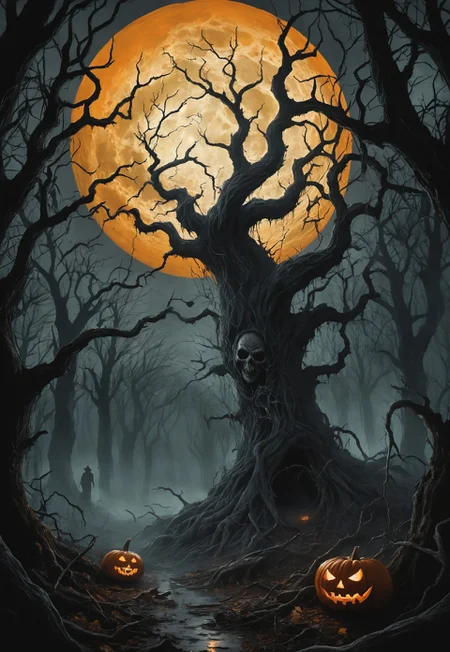 cinematic, high quality, detailed, 8k, intricate details, In the eerie depths of a dark forest under a haunting pumpkin moon, foreboding shadows dance amid twisted trees. A chilling atmosphere of horror and unease permeates the scene, creating a moody and ominous setting fitting for Halloween. As the orange moonlight filters through the dense canopy, revealing gnarled branches and ominous silhouettes, the viewer is drawn into a chilling world of suspense and mystery. This vividly detailed image, perhaps a haunting painting, captures the essence of a nightmare brought to life with unparalleled quality and artistry.
