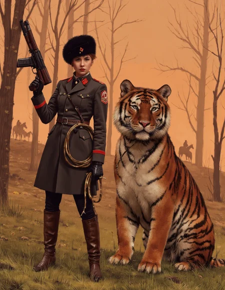 By Jakub Rozalski. A digital illustration shoot from the side about a female soldier in a military uniform holding a gun next to a large tiger in a misty forest setting. on the left of the image, a 1woman, who appears to be in her mid-twenties, stands confidently with a stern expression, wearing a dark military-style coat with red epaulettes and a black fur hat. she is holding a large gun in her right hand and a whip in her left hand, standing in a grassy field with trees in the background. the tiger is standing on all fours, looking directly at the viewer with its large, expressive green eyes. the background is a hazy, misty orange sky with a few distant horses in the distance, adding to the sense of movement and intensity in the scene. the artist's signature is in the bottom right corner, adding a touch of realism to the image.