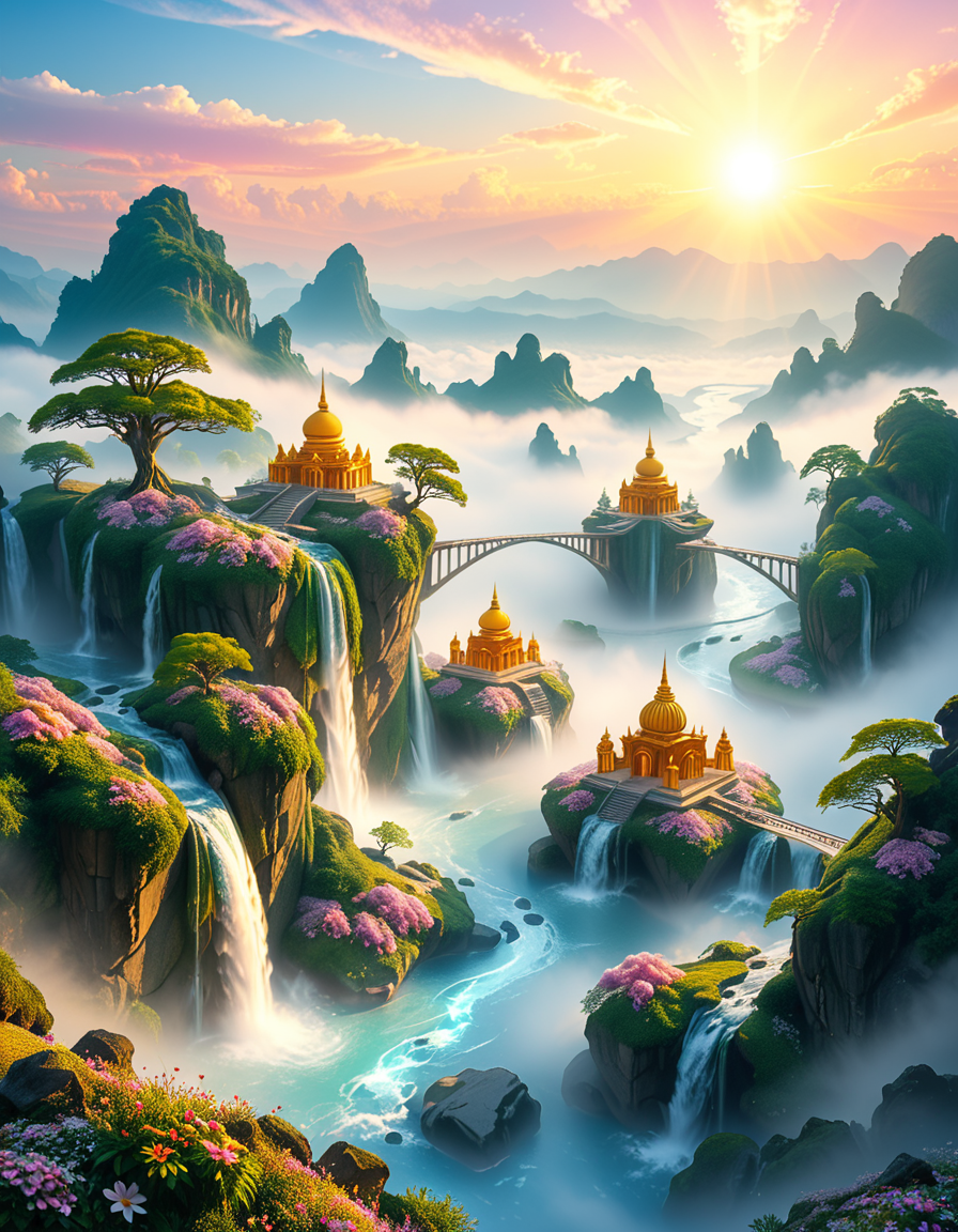 A mesmerizing celestial background featuring an otherworldly paradise. Towering crystalline mountains with peaks that glow softly under a sky painted in shifting hues of iridescent blues, pinks, and golds. Rivers of liquid light flow through vast, open meadows filled with luminescent flowers that pulse with a gentle glow. Gigantic, translucent trees with silver leaves sway in a breeze that carries floating particles of golden dust. Suspended bridges made of shimmering energy connect ancient, floating monoliths engraved with intricate celestial patterns. In the distance, an enormous radiant waterfall cascades into a bottomless, mist-covered abyss, reflecting the surrounding ethereal glow. A tranquil atmosphere, untouched and divine, filled with an overwhelming sense of wonder and serenity.
<lora:SDXLFaeTastic2400:0.4> <lora:extremely_detailed:0.4> extremely detailed, <lora:heavenly_l4ndsc4p3:1>,heavenly l4ndsc4p3, Masterpiece,best quality,hi res,8k,hi res,8k,award winning,(sharp focus, intricate, highly detailed),