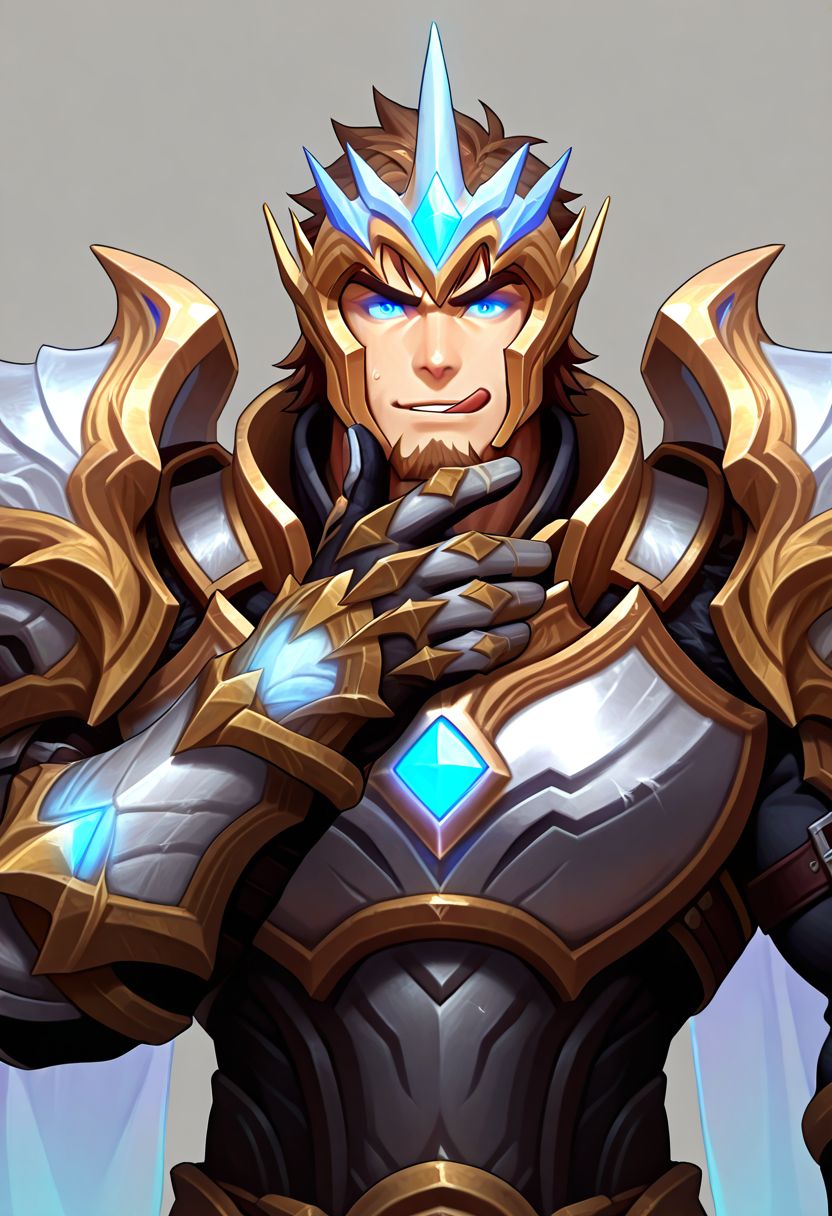 1boy,blue eyes,glowing eyes,brown hair,muscular male,mature male,bara,upper body BREAK
(masterpiece, best quality, high quality, absurdres, high detail),(1boy,solo,mature male) BREAK
licking lips,hand on own chin,looking at viewer,
simple background,
god-king_garen,god-king armor,god-king helmet,shoulder armor,gauntlets,transparent cape,armor,cape,helmet,
<lora:hand 5.5:1>,<lora:add-detail-xl:1>,<lora:4k:1>,<lora:god-king__garen:0.8>,<lora:sn0w:1>,, <lora:Expressive:0.8>,